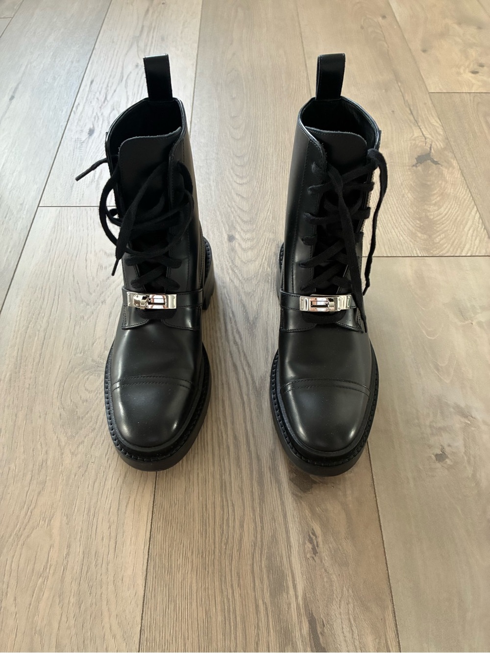 Women’s Hermes Kelly buckle Leather Lace-Up Combat Boots with Metal Accent